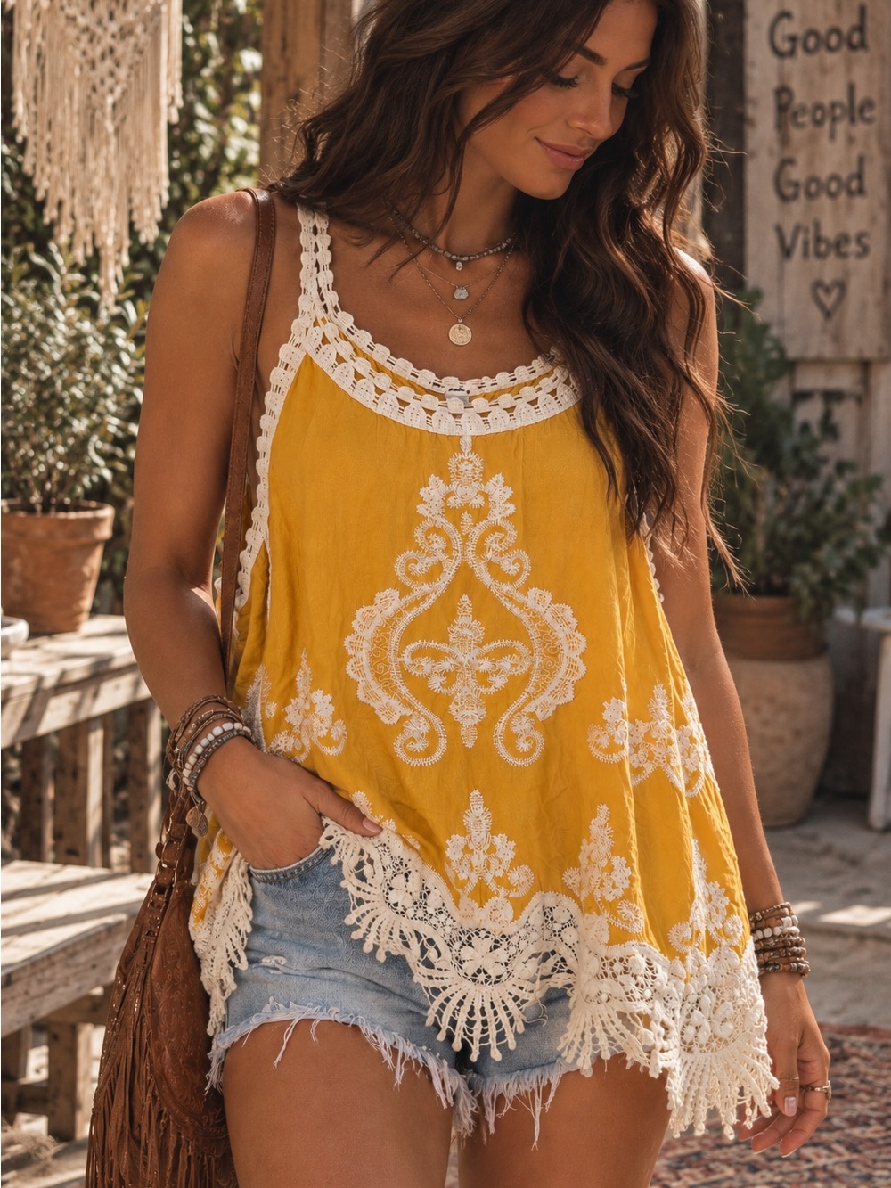 Ultra Pink Yellow Crochet-Trim Embroidered Camisole
